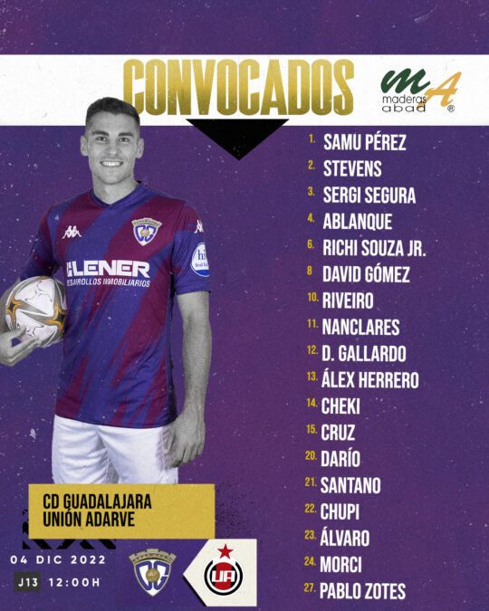 Convocatoria del C.D. Guadalajara para enfrentarse al Unión Adarve