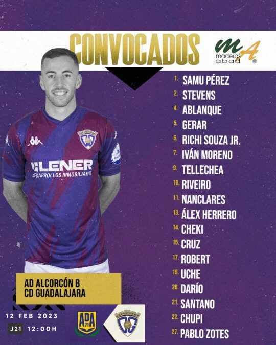 Convocatoria del C.D. Guadalajara para enfrentarse a la A.D. Alcorcón ‘B’