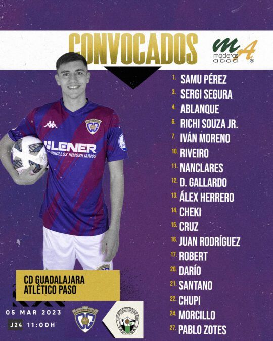 Convocatoria del C.D. Guadalajara para recibir al Atlético Paso