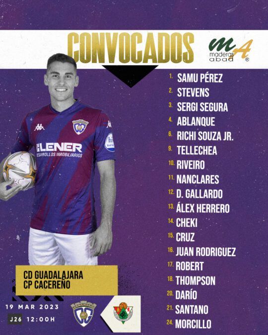 Convocatoria del C.D. Guadalajara para jugar contra el C.P. Cacereño